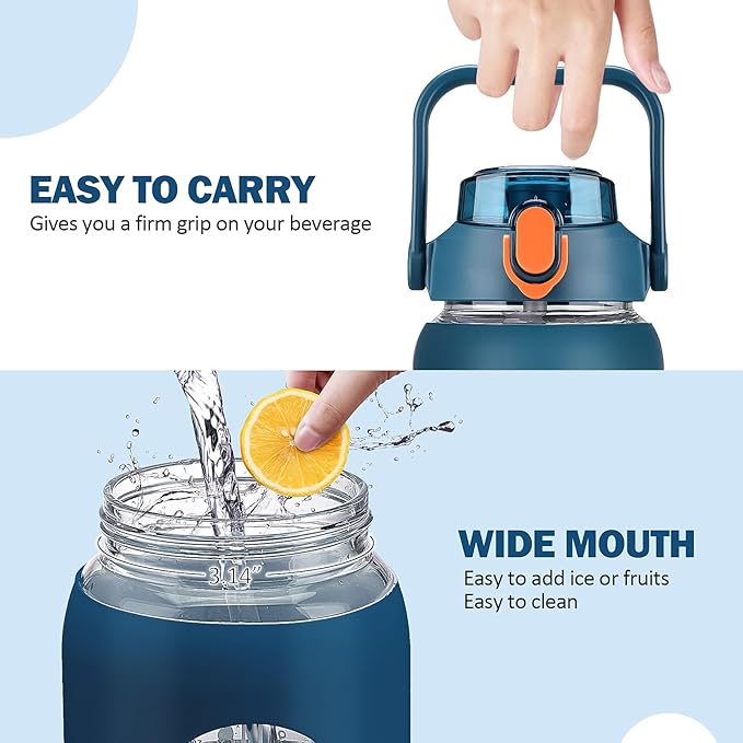 kytffu 64oz Glass Water Bottles with Straw, Half Gallon Motivational Glass Bottle with Silicone Sleeve and Time Marker, 2L Leakproof Large Glass Water Jug for Gym Home Office,Blue