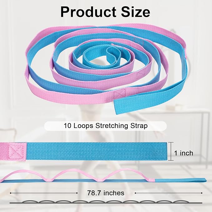 Yoga Strap for Stretching with 10 Loops Inelastic Soft Polyester Cotton Stretch Out Band for Exercise, Yoga, Pilates and Dance for Men and Women
