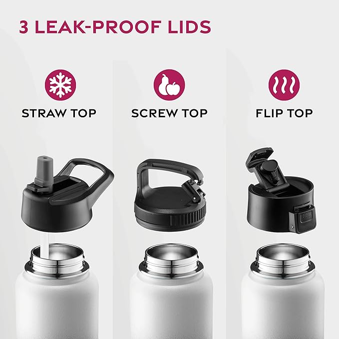 FineDine Triple Walled, Insulated Water Bottles with Straw - 32 Oz Stainless Steel Metal Bottle W/ 3 Leak Proof Lids - For Travel, School, Sports, Gym/Men, Women & Kids - Dreamy Black-White