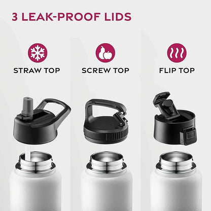 FineDine Triple Walled, Insulated Water Bottles with Straw - 32 Oz Stainless Steel Metal Bottle W/ 3 Leak Proof Lids - For Travel, School, Sports, Gym/Men, Women & Kids - Dreamy Black-White