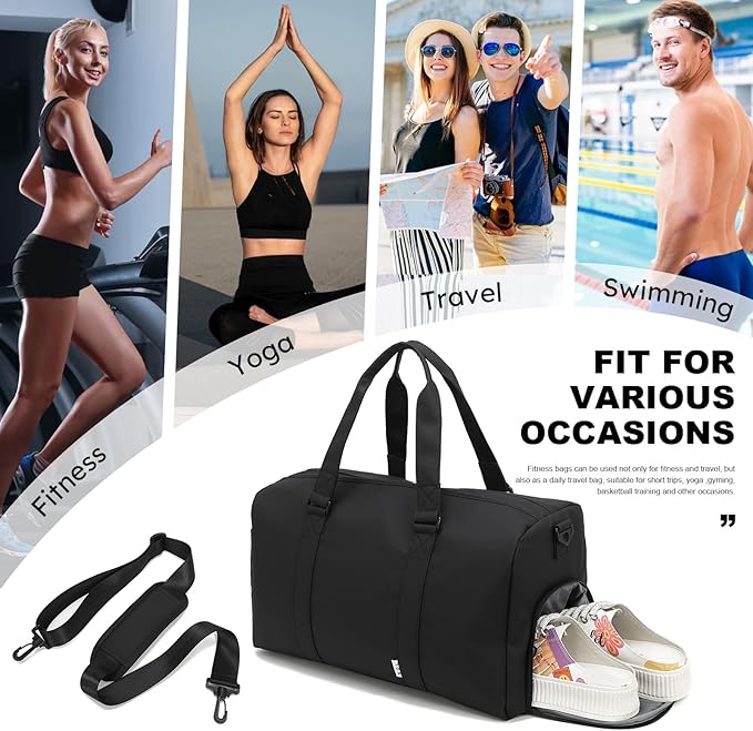 NOL Waterproof Gym Duffle Bag for Men & Women with Shoe & Wet Compartments, Multiple Pockets | Adjustable Shoulder Strap for Sports, Travel, Fitness, Workout & Hospital Use, Black