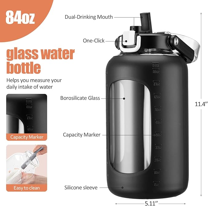 BLUEGO 84oz Glass Water Bottle with Straw and Handle, Large Water Bottle with Sip & Chug Lid, 2.5L Water Jug Silicone Sleeve with Time, Full Day Drinking Bottle for Sports BPA Free, Black