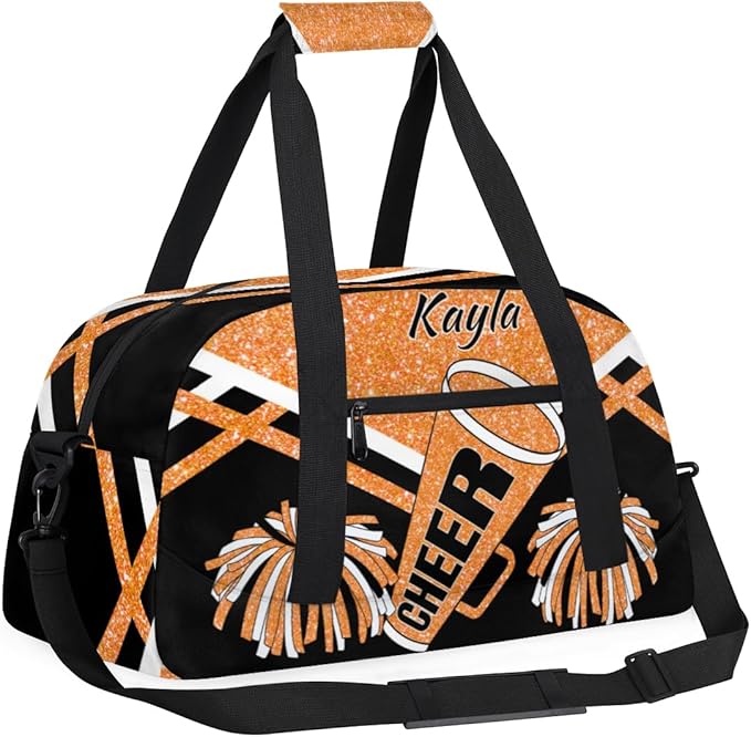 Personalized Girls Gym Cheerleading Bag Sport Duffle Bag, Custom Name Carry On Weekender Bag for Women Men Travel Vocation Business Trip, Orange Glitters Black