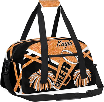 Personalized Girls Gym Cheerleading Bag Sport Duffle Bag, Custom Name Carry On Weekender Bag for Women Men Travel Vocation Business Trip, Orange Glitters Black