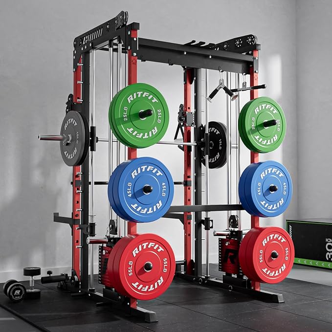 RitFit M1 Pro Smith Machine Package, All-in-One Power Cage with Weight Stack Set, Includes LAT Pulldown & Cable Crossover System for Home Gym