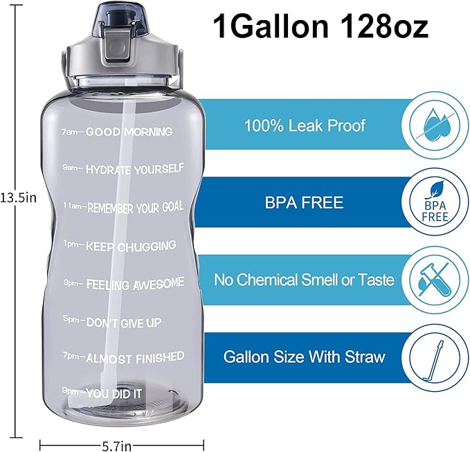 EYQ 64oz/128oz Leakproof Free Drinking Water Bottle with Motivational Time Marker BPA Free for Fitness, Gym and Outdoor Sports