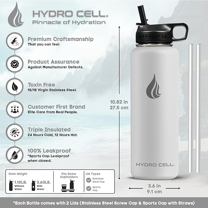 HYDRO CELL Stainless Steel Insulated Water Bottle with Straw - For Cold & Hot Drinks - Metal Vacuum Flask with Screw Cap and Modern Leakproof Sport Thermos for Adults (Frost 40oz)