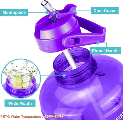 QuiFit 1 Gallon Water Bottle - with Straw & Motivational Time Marker Leak-Proof BPA Free Reusable Gym Sports Outdoor Large(128OZ/73OZ) Capacity Water Jug