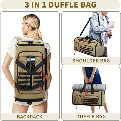 Bosstin Gym Bag for Men & Women,45L Travel Duffle Sports Duffel Bag Gym Weekender Overnight Backpack with Shoe Compartment (Khaki)
