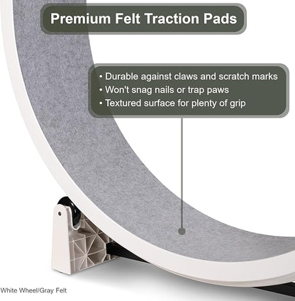 One Fast Cat - Cat Exercise Wheel - Gen. 7 - Safe 48" Diameter - Made in The USA - White Wheel with Gray Felt Traction Pads and Solid Black Inline Wheels