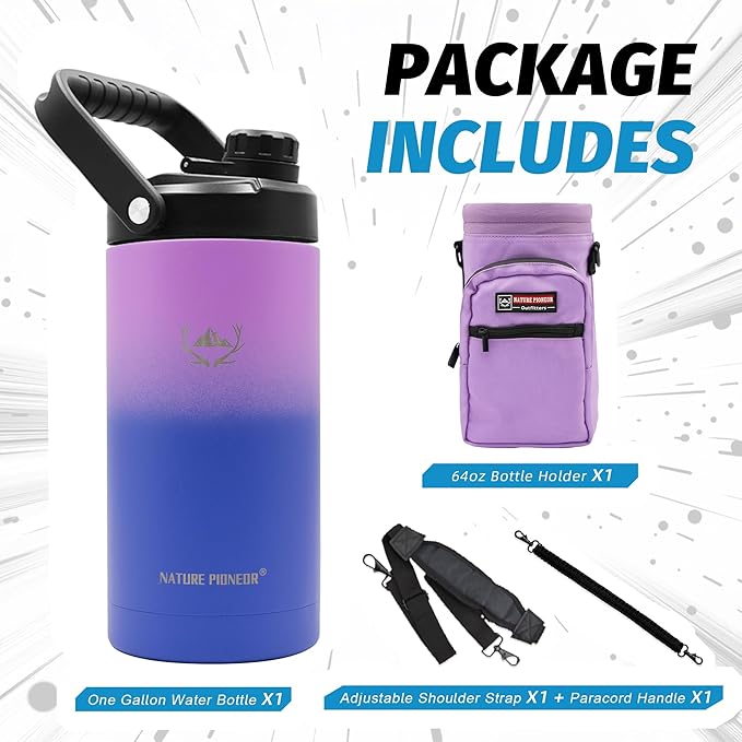 NATURE PIONEOR 64 oz Insulated Water Bottle - Double Vacuum Stainless Steel Half Gallon Water Jug with Holder/Carrier, Wide Mouth, Outdoor Sports, Hiking, Camping, Gym