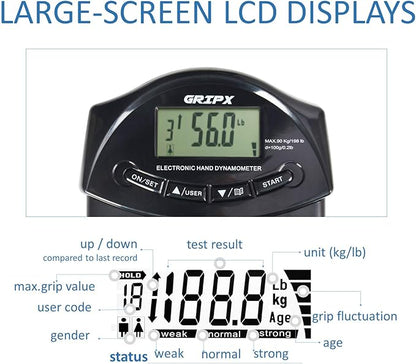 GRIPX Digital Hand Dynamometer Grip Strength Measurement Meter Auto Capturing Electronic Hand Grip Power 198Lbs / 90Kgs