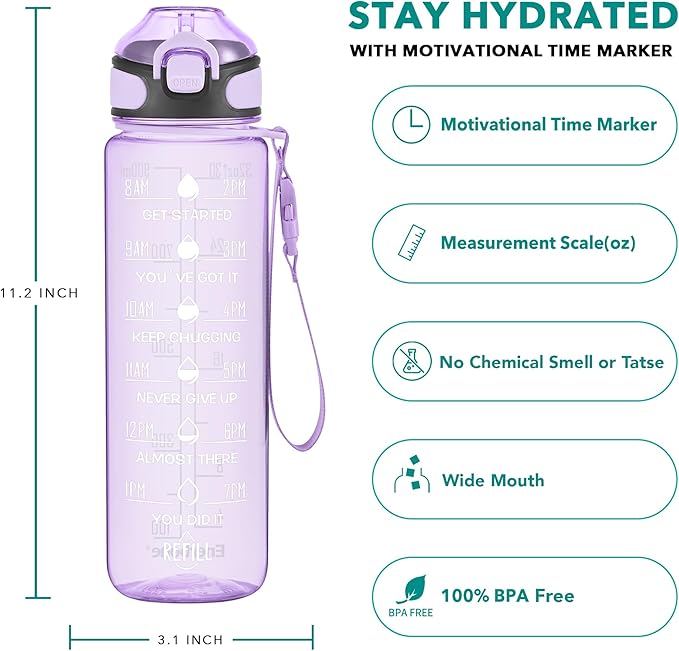 Enerbone 32 oz Water Bottle with Times to Drink and Straw, Motivational Drinking Water Bottles with Carrying Strap, Leakproof BPA & Toxic Free, Ensure You Drink Enough Water for Fitness Gym Outdoor