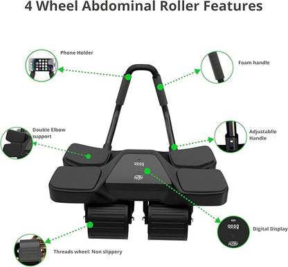 Ab Roller Home Gym Equipment – 4 Wheels Ab Wheel Muscle Roller with LCD Screen, 5Pcs Resistance Bands, Ankle Straps, Door Anchor, Handles, Travel Bag – Comfortable Elbow Support with Non-Slip Handles