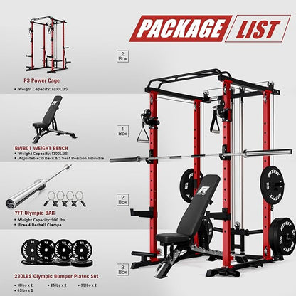 RitFit Multi-Function Garage & Home Gym Package Includes 1200LBS Power Cage PPC03/P3 with Cable Crossover System, Weight Bench, Olympic Barbell Weight Set, Full Body Workout