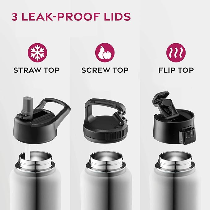 FineDine Water Bottle - Stainless Steel Insulated Water Bottle with Straw Lid, Flip Lid & Wide-Mouth Cap - Keeps Hot and Cold - 32 Oz / 946ml - Brushed Stainless Steel