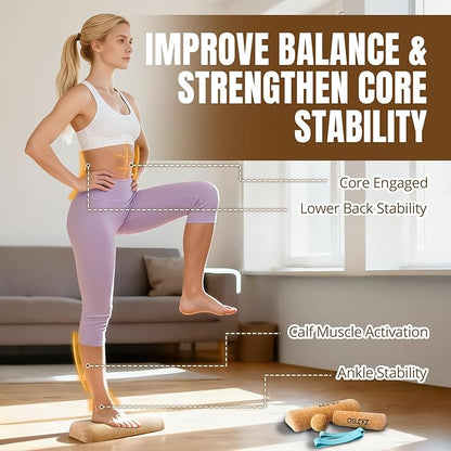 Natural Cork Balance Board Kit - 4-in-1 Foot & Ankle Strengthener with Half-Cylinder Boards, Mini Roller, Massage Ball & Toe Resistance Bands - Portable Balance Trainer for Home, Office & Gym