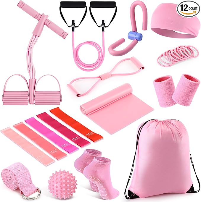 17 Pcs Home Pilates Kit with Resistance Bands 6 Tube Pedal Puller Resistance Band Set for Women Weight Loss Leg Training Workout Equipment Gym Exercise Equipment Beginners Yoga