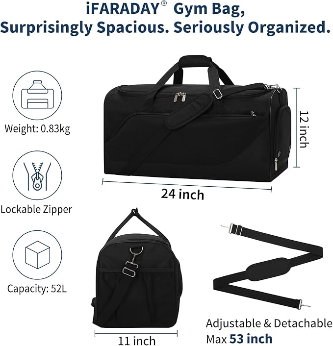 52L Men's Gym Bag with Shoe Compartment - 24-inch Duffle Bag for Travel, Sports, Fitness & Workout (Black)