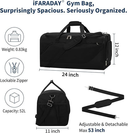 52L Men's Gym Bag with Shoe Compartment - 24-inch Duffle Bag for Travel, Sports, Fitness & Workout (Black)