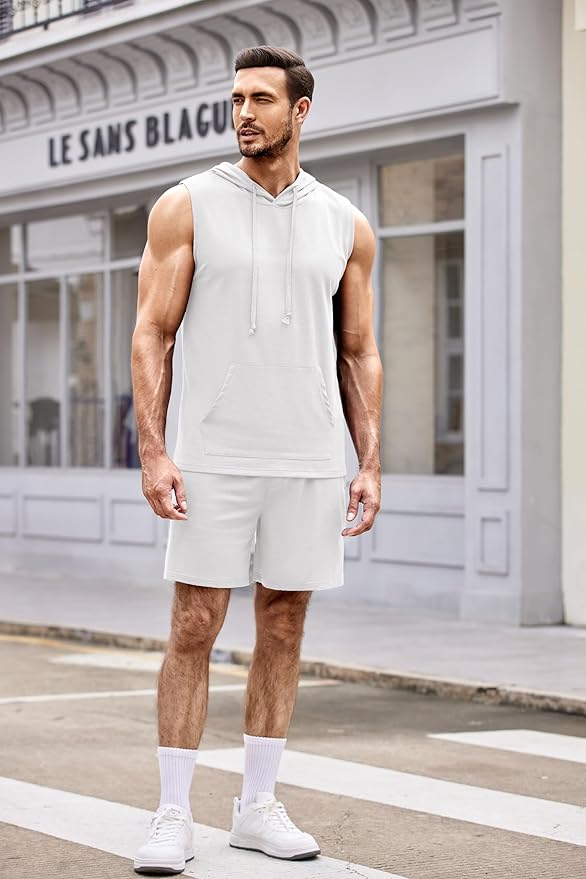 COOFANDY Mens Sleeveless Workout Hoodie Shorts Set 2 Piece Outfits Hooded Tank Tops Gym Tracksuit Sweatsuits
