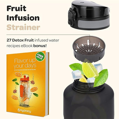 Hydracy Water Bottle with Time Marker -Large BPA Free Water Bottle & No Sweat Sleeve -Leak Proof Gym Bottle with Fruit Infuser Strainer & Times to Drink -Ideal for Fitness Sports & Outdoors