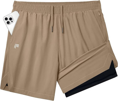 Running Shorts for Men 7 inch Inseam 2 in 1 Quick Dry Athletic Gym Workout Tennis Shorts with Phone Pockets