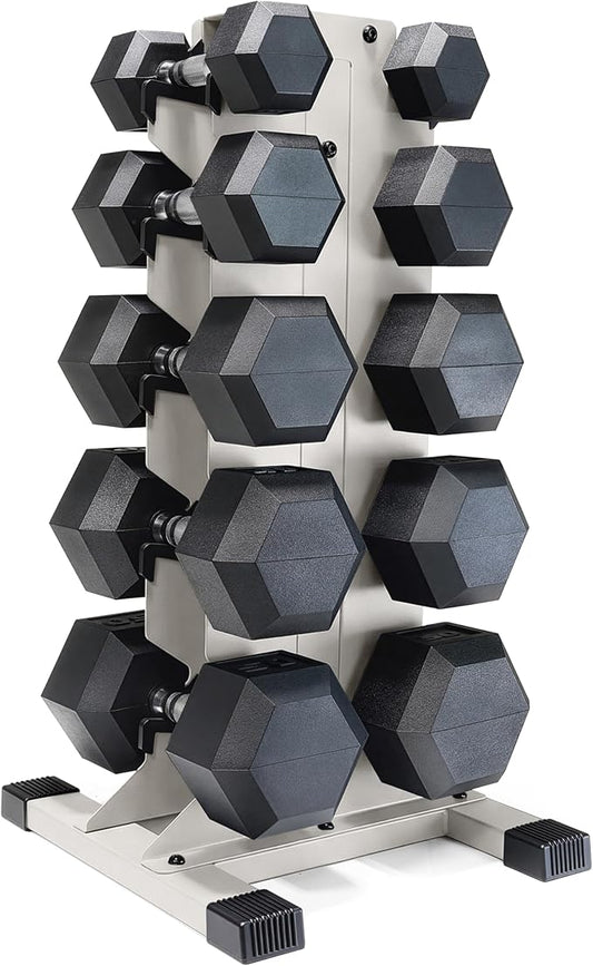CAP Barbell Rubber Coated Hex Dumbbell Set with Vertical Rack | 100-300 lbs Free Weights Dumbbells Set for Home Gym | Multiple Options