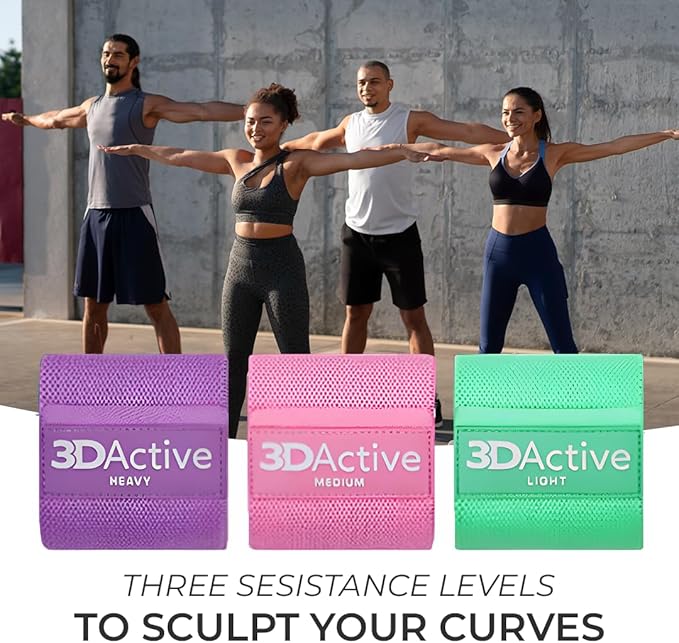 3DActive Fabric Resistance Bands for Legs & Butt. Wide Non-Slip Hip Band Set for Home & Gym Workouts. Exercise Guide & Carry Bag Included.