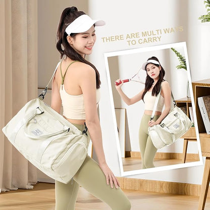 Gym Bag for Women Men with Shoes Compartment and Wet Pocket,Sport Swimming Yoga Bag,Waterproof Travel Duffel Bag Small Carry on Bag Overnight Weekender Bags Personal Item Bag for Airlines Cream White