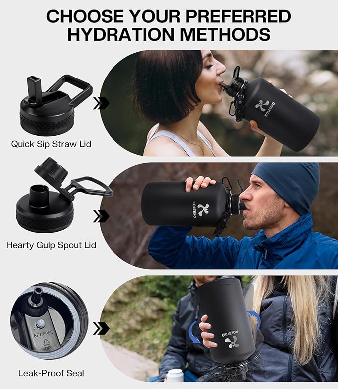 1 Gallon Water Bottle Insulated(COLD for 36 Hrs), Non-BPA & Leak Proof, 128 oz Sports Stainless Steel Water Jug Large with Paracord Handle, Straw & Spout Lid, Magic Black