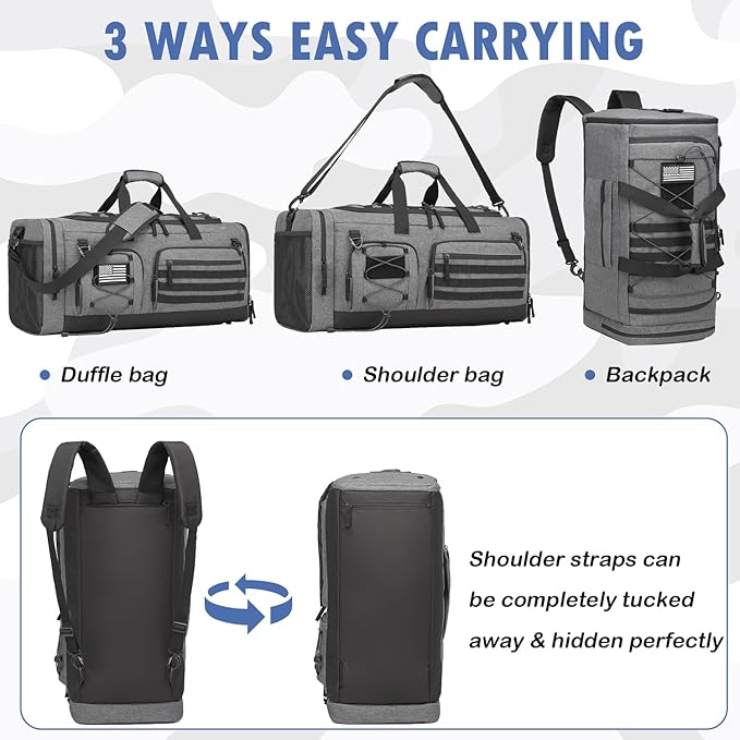 Gym Bag for Men and Women, 50L Extra Large Duffle Bag, 3-in-1 Travel Sports Duffel Bags with Shoe & Laptop Compartment for Overnight Weekender Gym Traveling Workout Deployment, Black + Gray