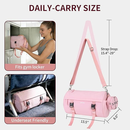 Small Gym Bag for Women Men, Mini Crossbody Travel Duffle Bag with Wet Compartment and Yoga Mat Strap, Compact Workout Bag for Sports Dance Swimming, Daily Commuting (Pink)