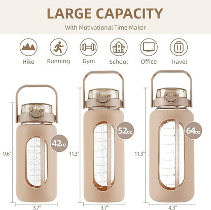 SIEROZUR 64 oz Glass Water Bottle with Straw and Handle Lid Half Gallon Motivational Glass Bottle with Silicone Sleeve and Time Marker Large Reusable Sports Water Jug for Gym Home Workout