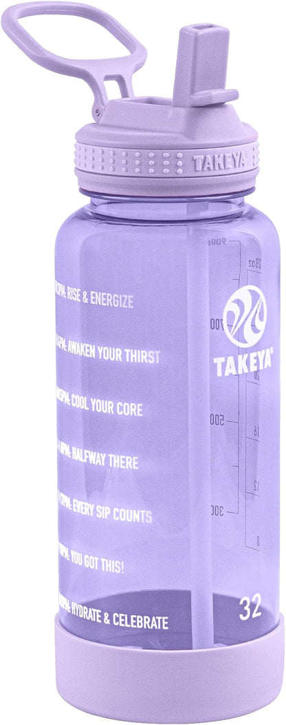 Takeya Tritan Motivational Water Bottle with Flip Straw Lid - Durable, BPA-Free -With Time Marker - Leakproof & Bumper - 32 oz, Vivacity Purple