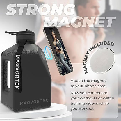 91oz Gym Daily Water Bottle Black – Large BPA-Free PETG Jug with Magnetic Plate Phone Mount, Leakproof Flip-Top Lid, Wide Mouth for Ice, Straw, Carry Strap, Stable Base, Time Marker