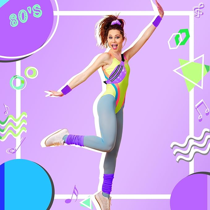 80s Neon Workout Costume Accessories Set 10 PCS Leg Warmers for Women 80s Headband Wristband Fanny Pack for Yoga Running