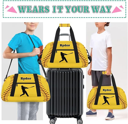 Personalized Sports Training Bag for Boys, Custom Name Baseball Carry On Weekender Gymnastics Gym Bag for Men Travel Business Trip, Yellow Baseball