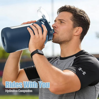 BLUEGO 84oz Glass Water Bottle with Straw and Handle, Large Water Bottle with Sip & Chug Lid, 2.5L Water Jug Silicone Sleeve with Time, Full Day Drinking Bottle for Sports BPA Free, Dark Blue