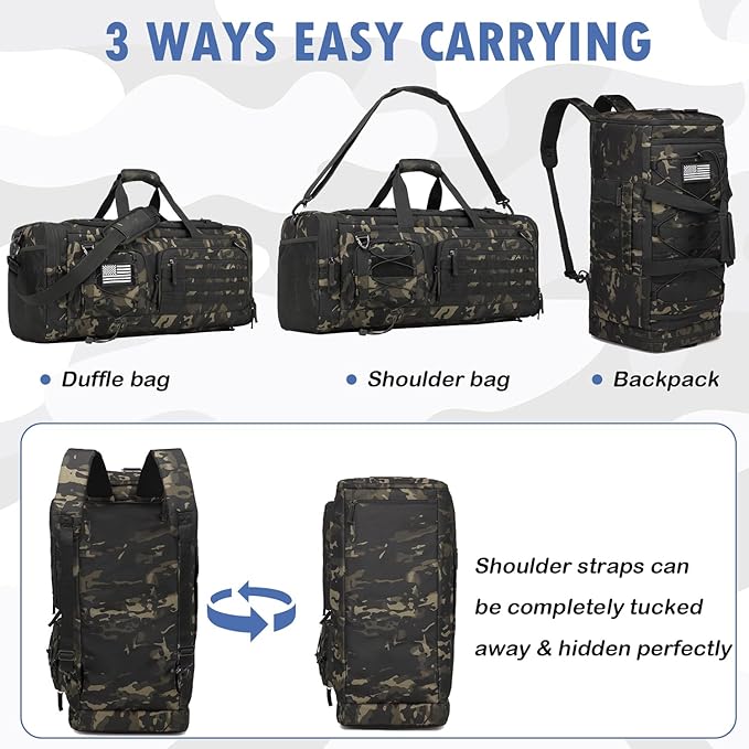 Gym Bag for Men and Women, 50L Extra Large Duffle Bag, 3-in-1 Travel Sports Duffel Bags with Shoe & Laptop Compartment for Overnight Weekender Gym Traveling Workout Deployment, Black CM