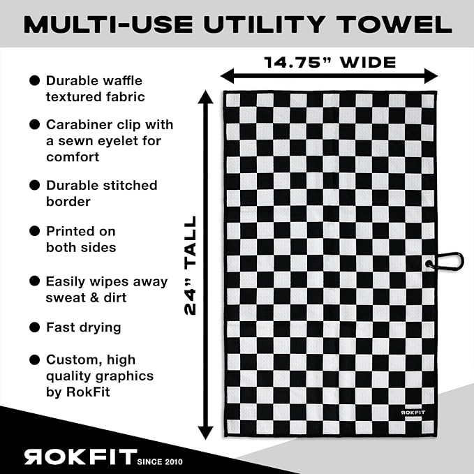 RokFit Gym & Golf Towel – Multi-Use, Quick-Dry, Durable Utility Towel with Bold Graphic and Carabiner Clip (Checker)