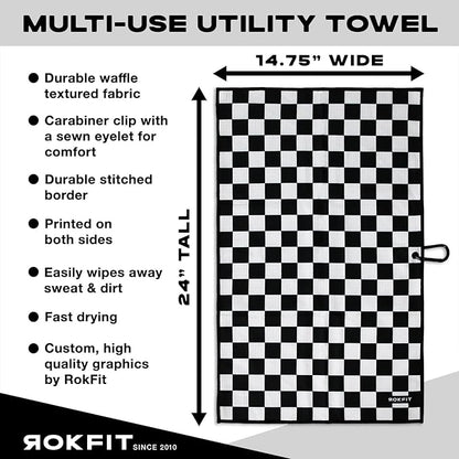 RokFit Gym & Golf Towel – Multi-Use, Quick-Dry, Durable Utility Towel with Bold Graphic and Carabiner Clip (Checker)