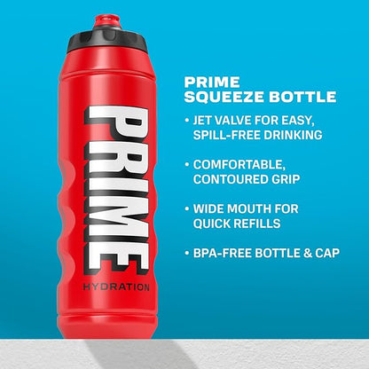 PRIME 32 oz Red Squeeze Sports Water Bottle, BPA Free, Dishwasher Safe, Easy-Grip Ergonomic Leakproof Design, Fast Hydration for Gym, Cycling, Running