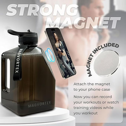 91oz Gym Daily Water Bottle – Large BPA-Free PETG Jug with Magnetic Phone Mount (Plate Included), Leakproof Flip-Top Lid, Wide Mouth for Ice, Straw, Carry Strap, Stable Base, Time Marker