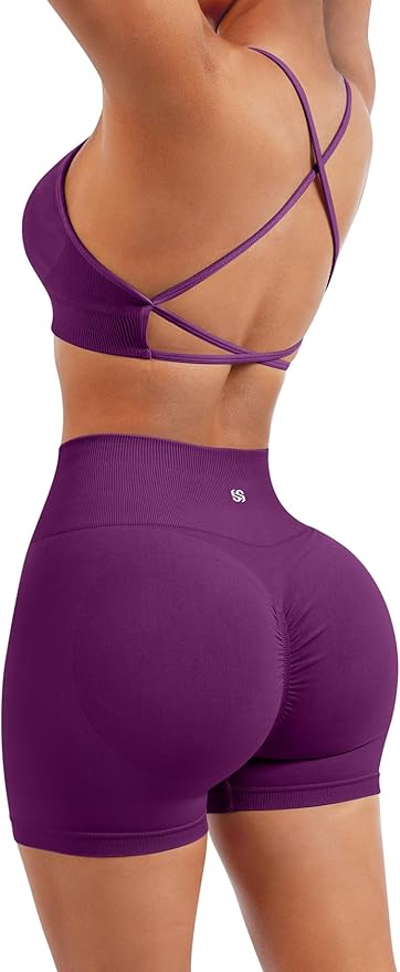 SUUKSESS Women Seamless Workout Sets Strappy Sports Bra High Waist Booty Shorts Outfits