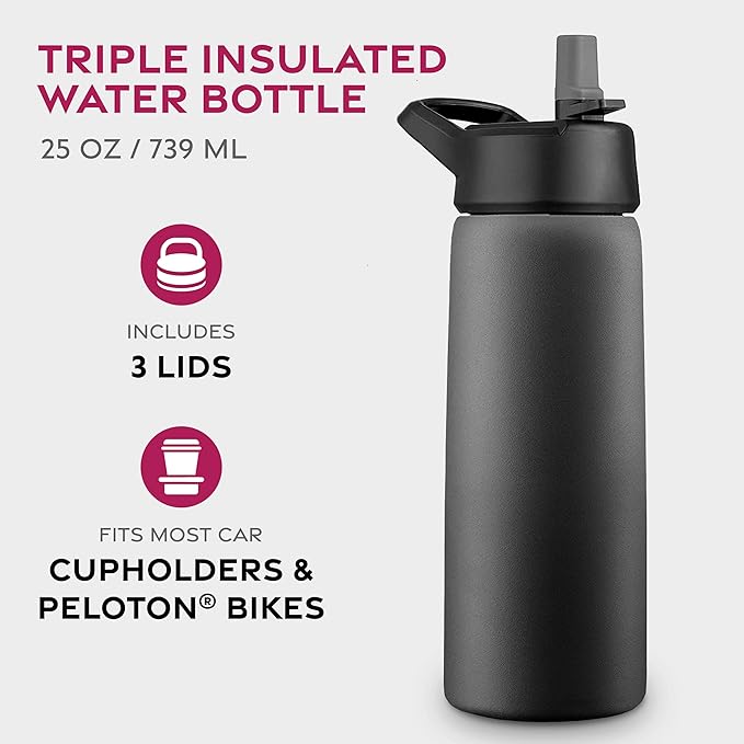 FineDine 25 Oz Insulated Water Bottle with Straw - Triple Walled Stainless Steel Metal Bottle W/ 3 Leak Proof Lids - For Travel, School, Sports, Gym/Men, Women & Kids - Inky Raven Black