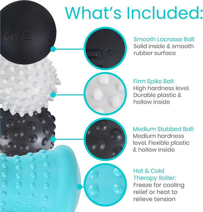 Vive Massage Ball Set (4 Piece) - Plantar Fasciitis Relief Foot Pain Hot Cold Therapy - Heel Spur, Sore Muscle, Trigger Point, Back, Arm, Neck, Shoulder, Leg Circulation Roller