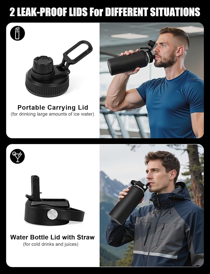 Tactical Water Bottle with Straw, 32 Oz Insulated Water Jug with Molle Water Bottle Holder, Stainless Steel Sport Bottle with 2 BPA Free Lids for Gym Workout Hiking (Black)