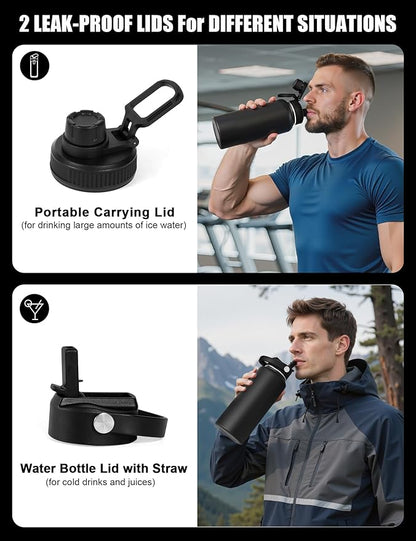 Tactical Water Bottle with Straw, 32 Oz Insulated Water Jug with Molle Water Bottle Holder, Stainless Steel Sport Bottle with 2 BPA Free Lids for Gym Workout Hiking (Black)