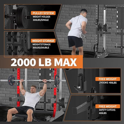 Power Cage, 2000LB Power Rack with Independent Dual Pulley System, Multi-Function Home Gym Workout Machine for Stability & Strength Training